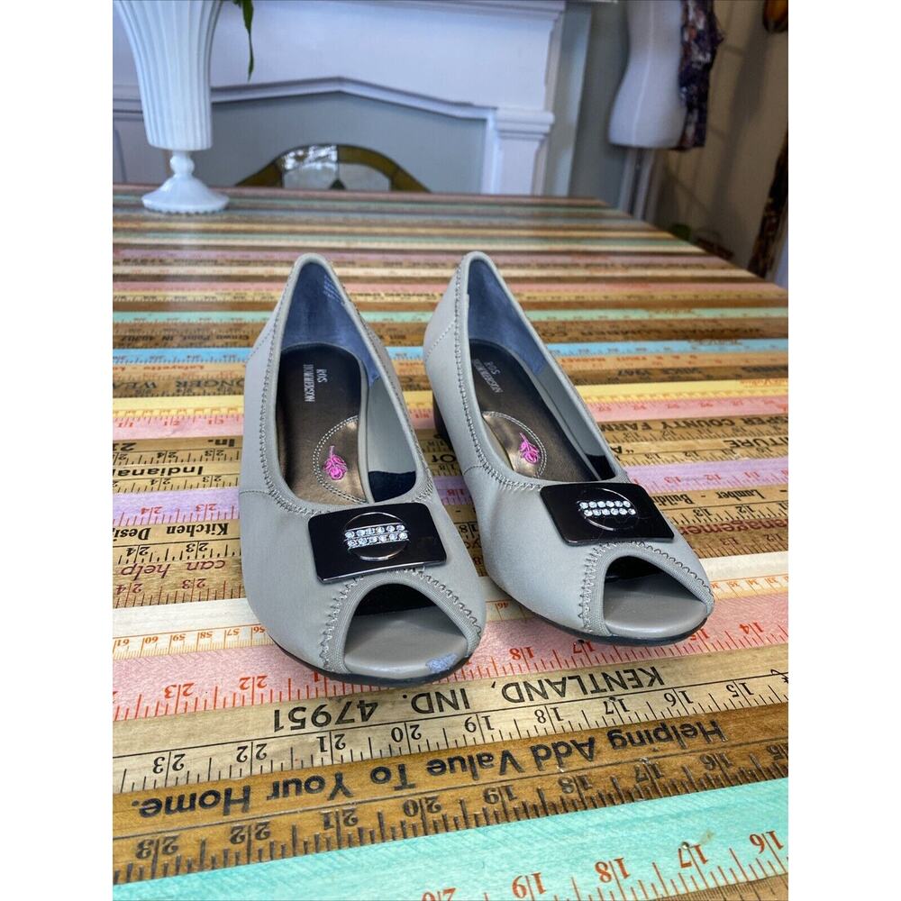 Ros Hommerson Eloise Taupe Micro Stretch Peep Toe Shoes Size 9.5 N Rhinestone - Picture 3 of 16